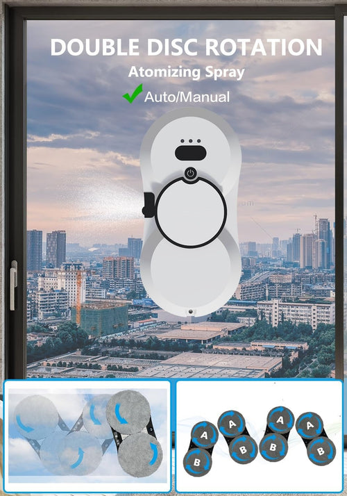 Window cleaning robot on a high-rise window with dual spinning cleaning pads and automatic water spray