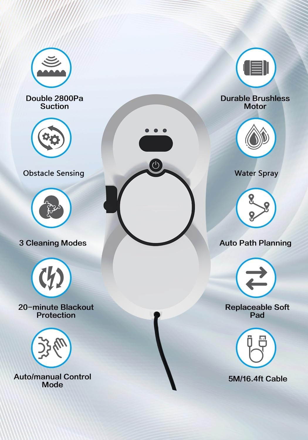 Window cleaning robot features: double suction, brushless motor, obstacle sensing, water spray, 3 cleaning modes, auto path planning and power-failure protection